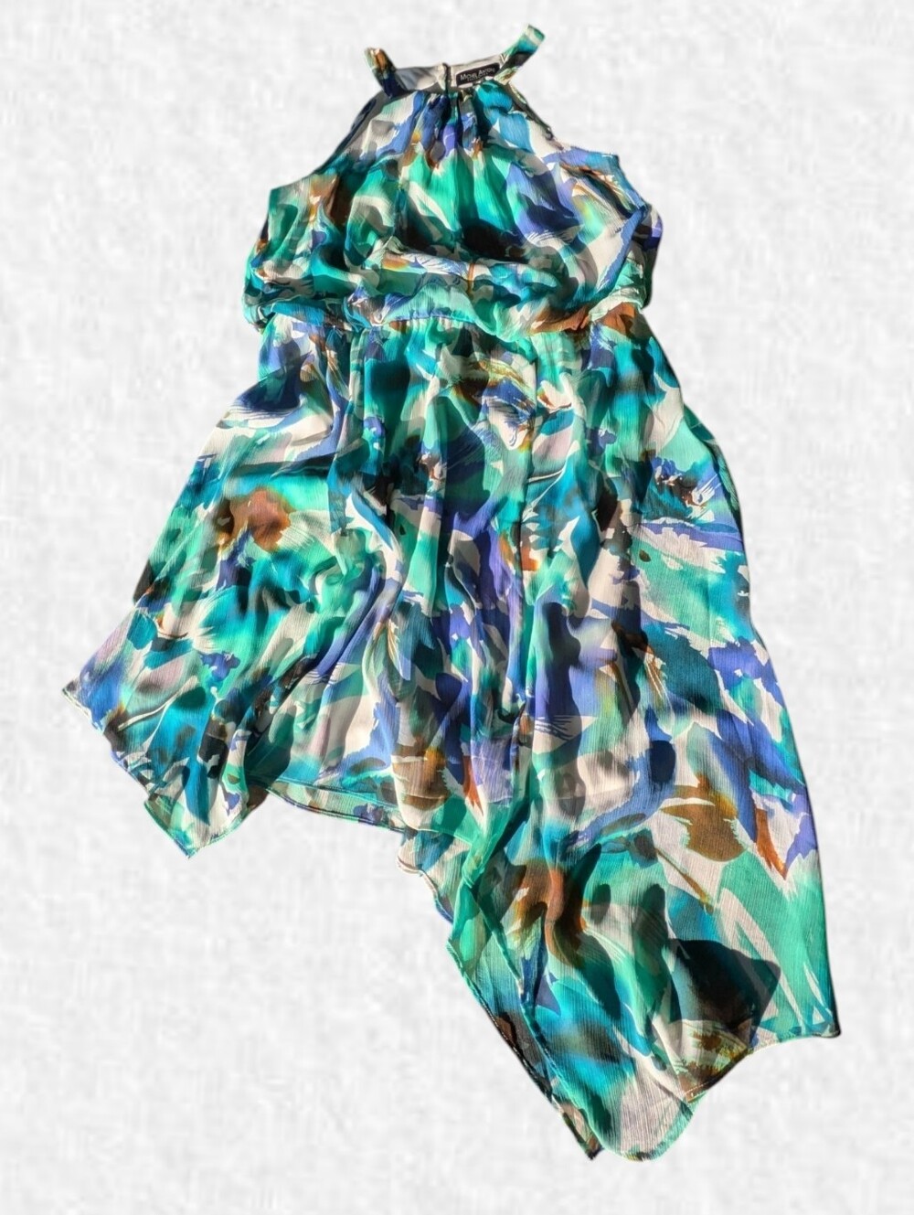 Michel Antoni Size 14: Watercolor Floral Halter Handkerchief Dress: Teal & Blue - Picture 2 of 7